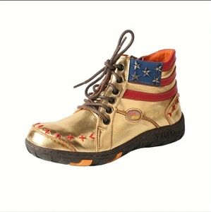 TMA EYES Gold Leather Boots with American Flag Design, EU 38